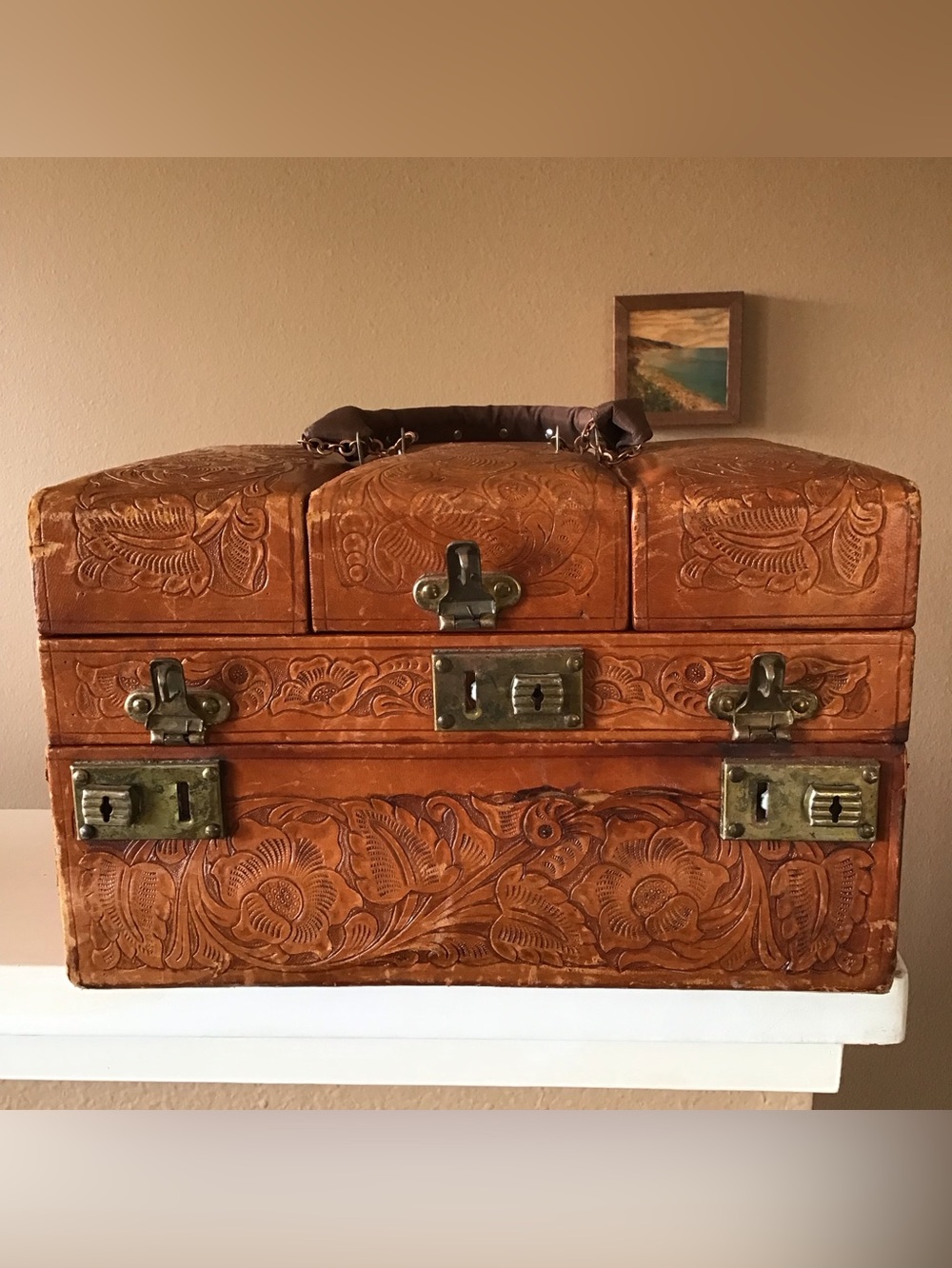 Vintage Tooled Leather Mexican Travel Vanity Train Case